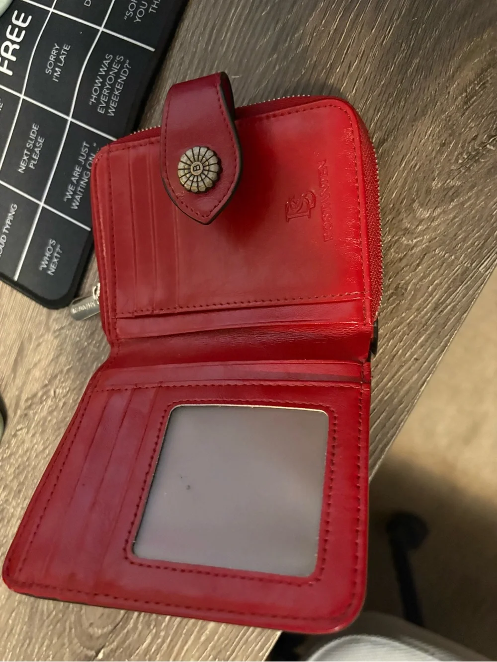 Bostonian Red Leather Women's Snap Wallet with Floral Button